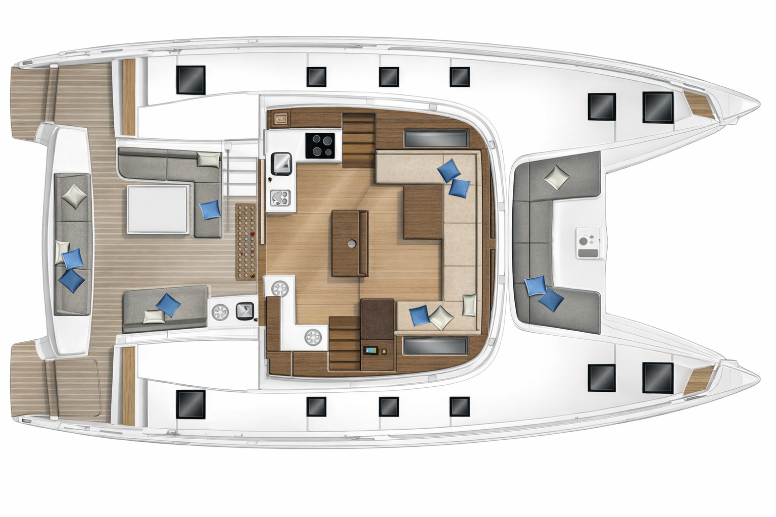 Lagoon 50 deck layout - salon, cockpit and bow areas