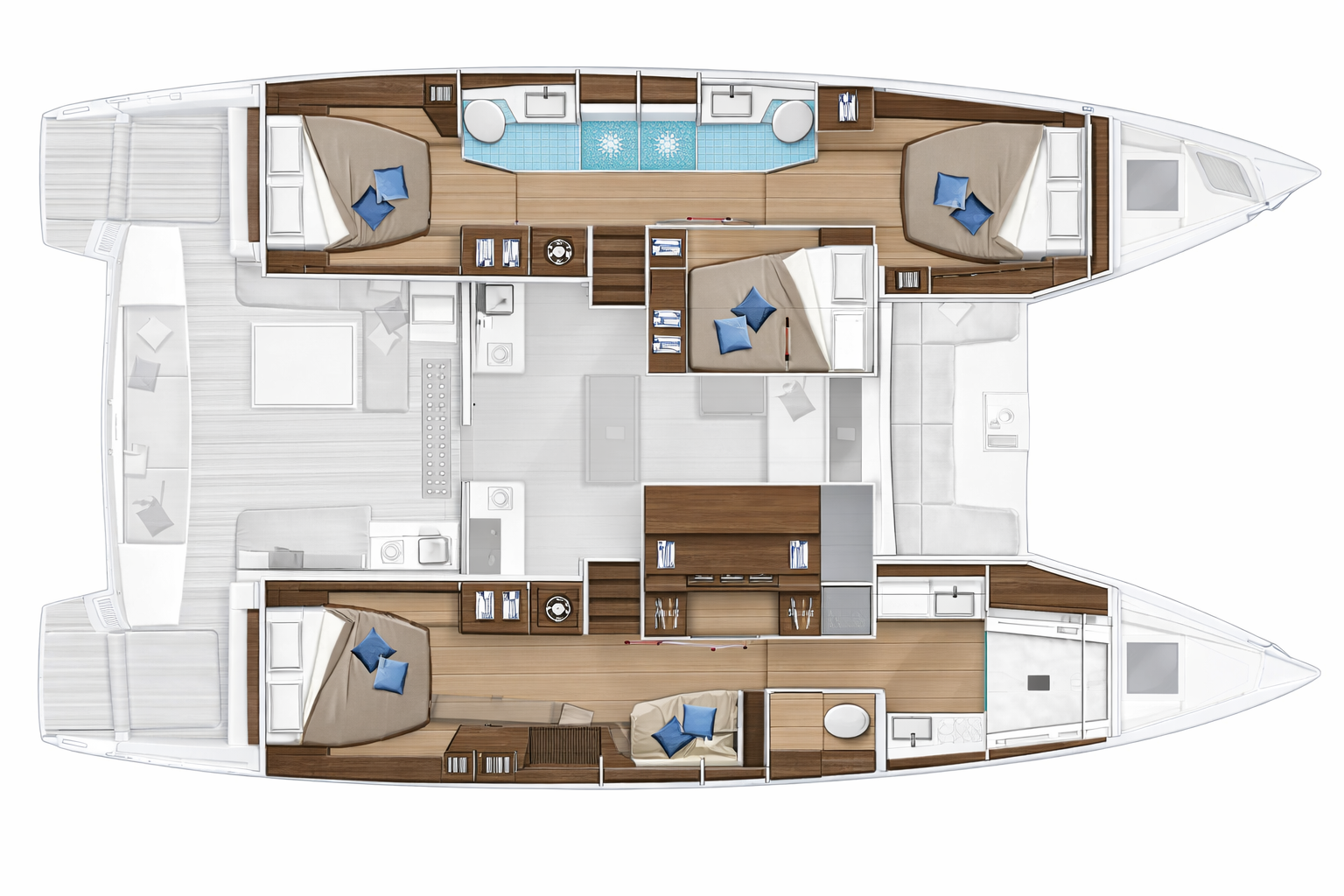 Lagoon 50 lower deck layout - cabins and bathrooms
